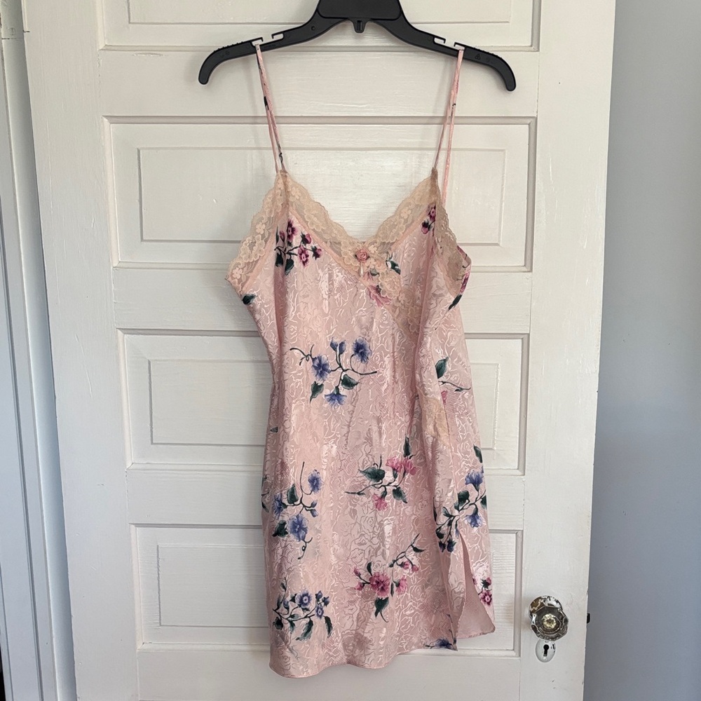 Vintage Angelique Delicate Pink Floral Lace-Trim Slip Dress